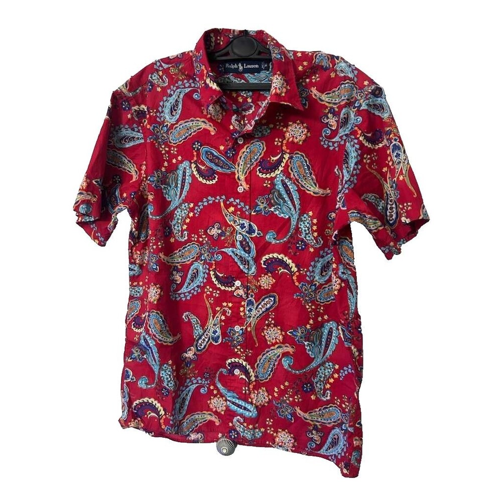 Ralph Lauren Red Paisley Button Down Shirt Mens Medium Vintage Short Sleeve
